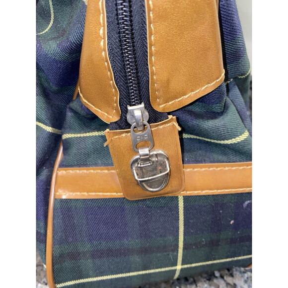 Vintage Lacoste Plaid Canvas Tote Bag Green Blue Brown Trim Retro Preppy - Picture 11 of 15